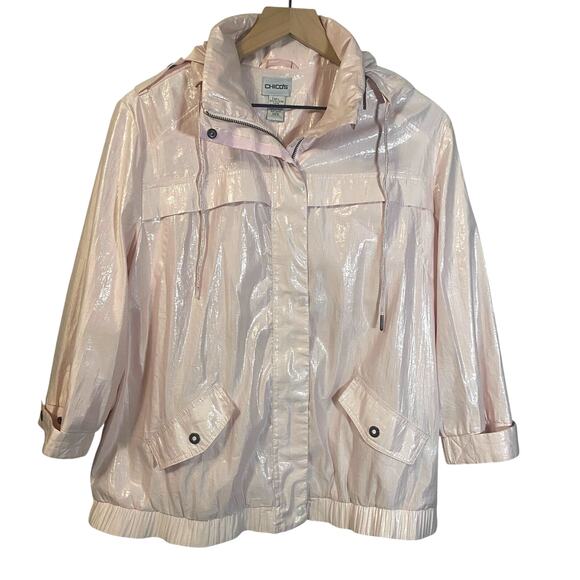 Chicos Blush Pink Windbreaker Full Zip Hooded Rain Jacket Shiny 3/4 Sleeves Sz L - Picture 1 of 14